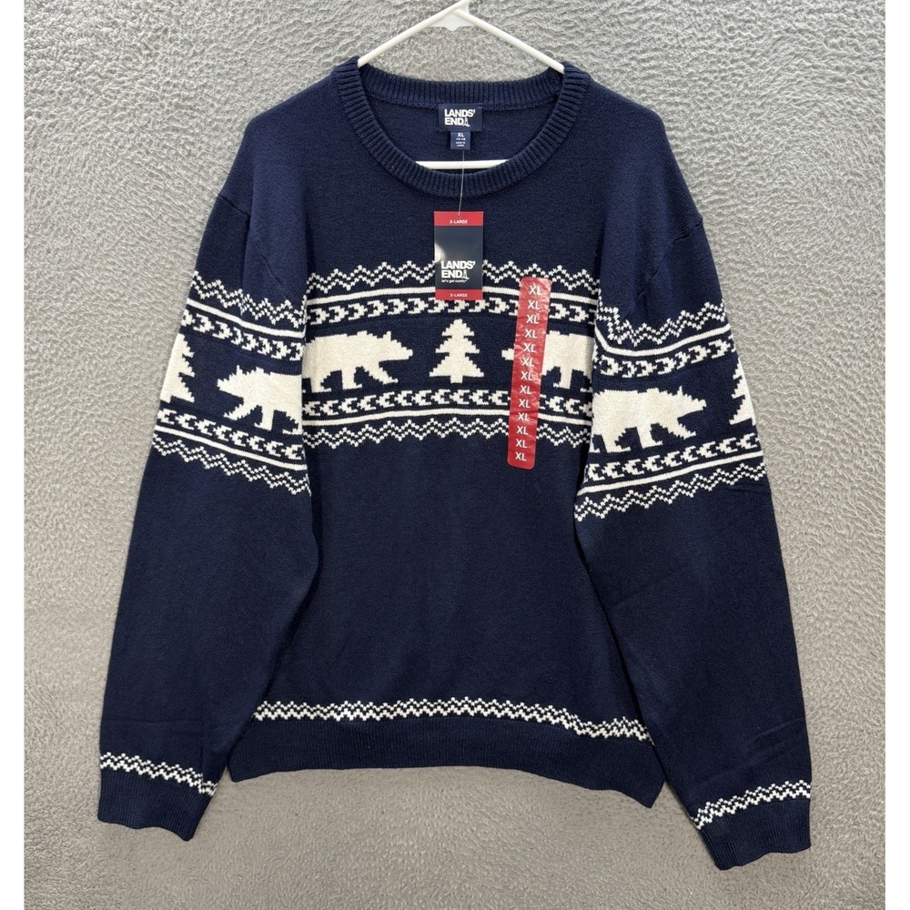 Lands End Sweater Adult XL Blue White Fair Isle Knit Crewneck Geometric Nature